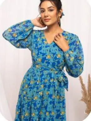 Blue Floral Print Wrap Midi Georgette Dress