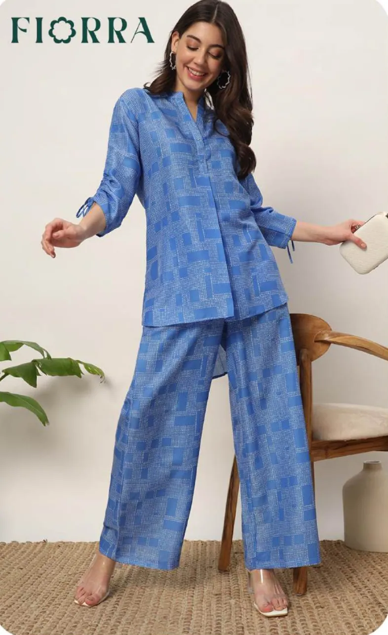 Blue Print Cotton Blend Shirt & Palazzo Co-ord Set