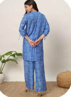 Blue Print Cotton Blend Shirt & Palazzo Co-ord Set