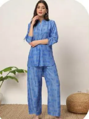 Blue Print Cotton Blend Shirt & Palazzo Co-ord Set