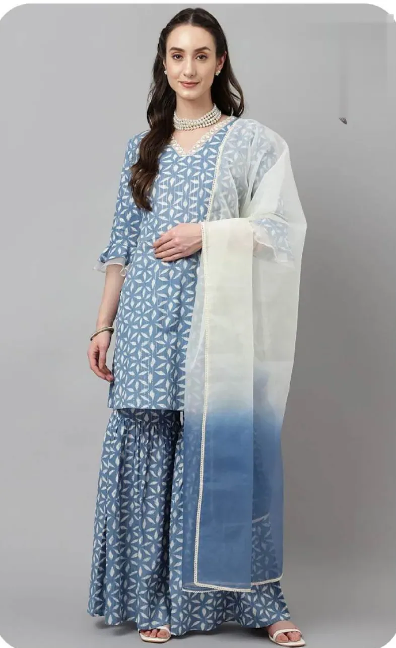 Blue Print Cotton Kurta Sharara Set with Dupatta