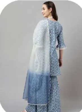 Blue Print Cotton Kurta Sharara Set with Dupatta