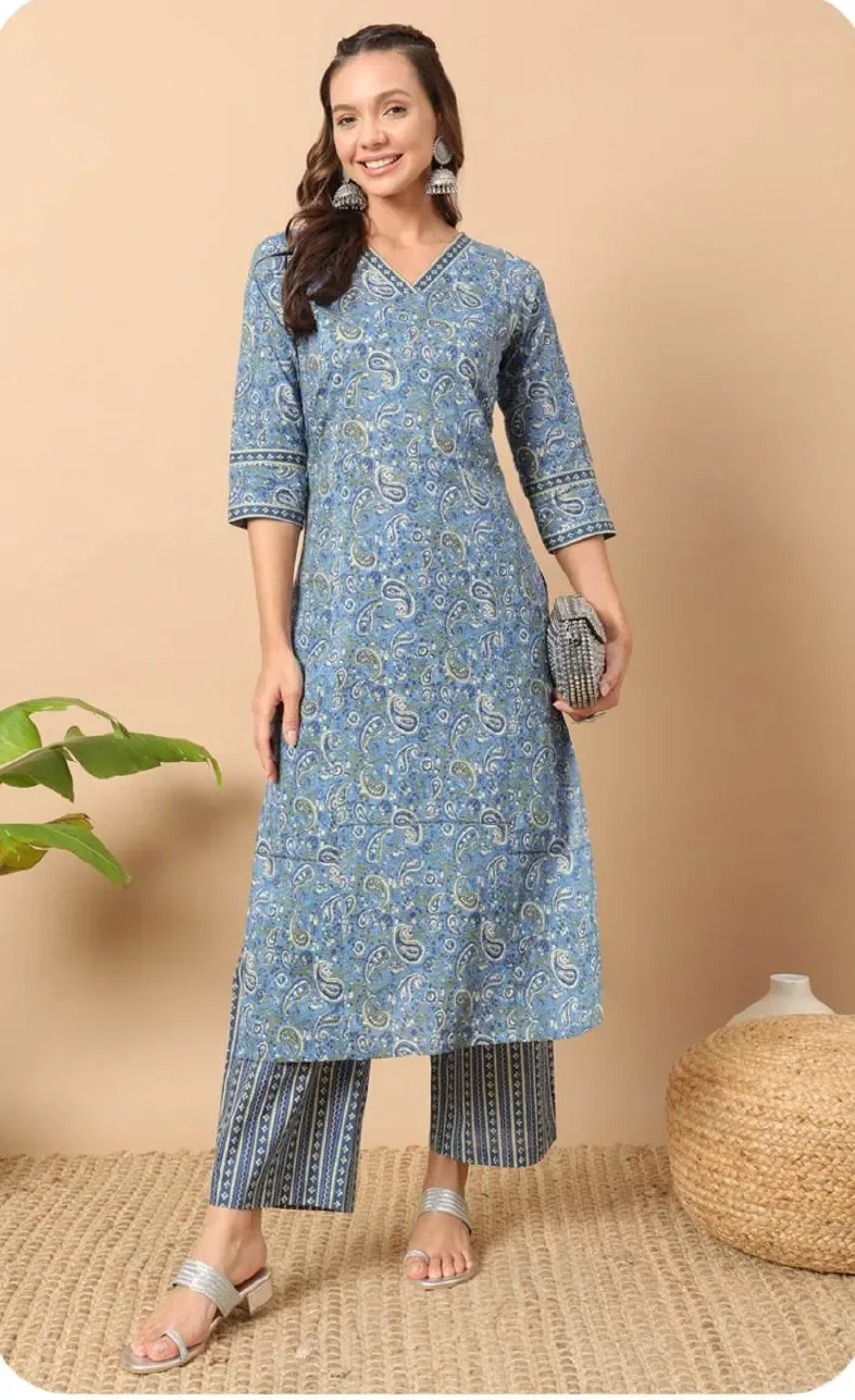 Blue Print Cotton Kurti Pant Set