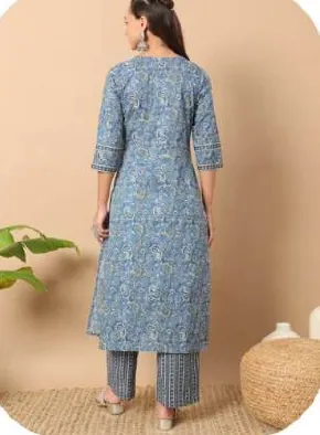 Blue Print Cotton Kurti Pant Set