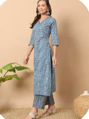 Blue Print Cotton Kurti Pant Set