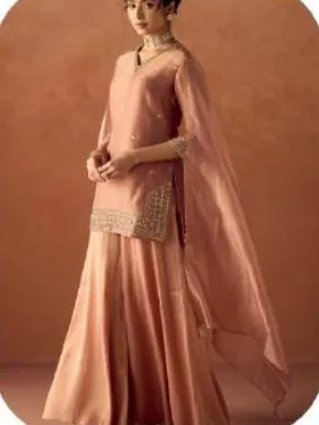 Blush Peach Tissue Blend Kurta Palazzo Set with Dupatta