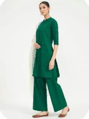 Bottle Green Cotton Kurta Palazzo Set with Dupatta