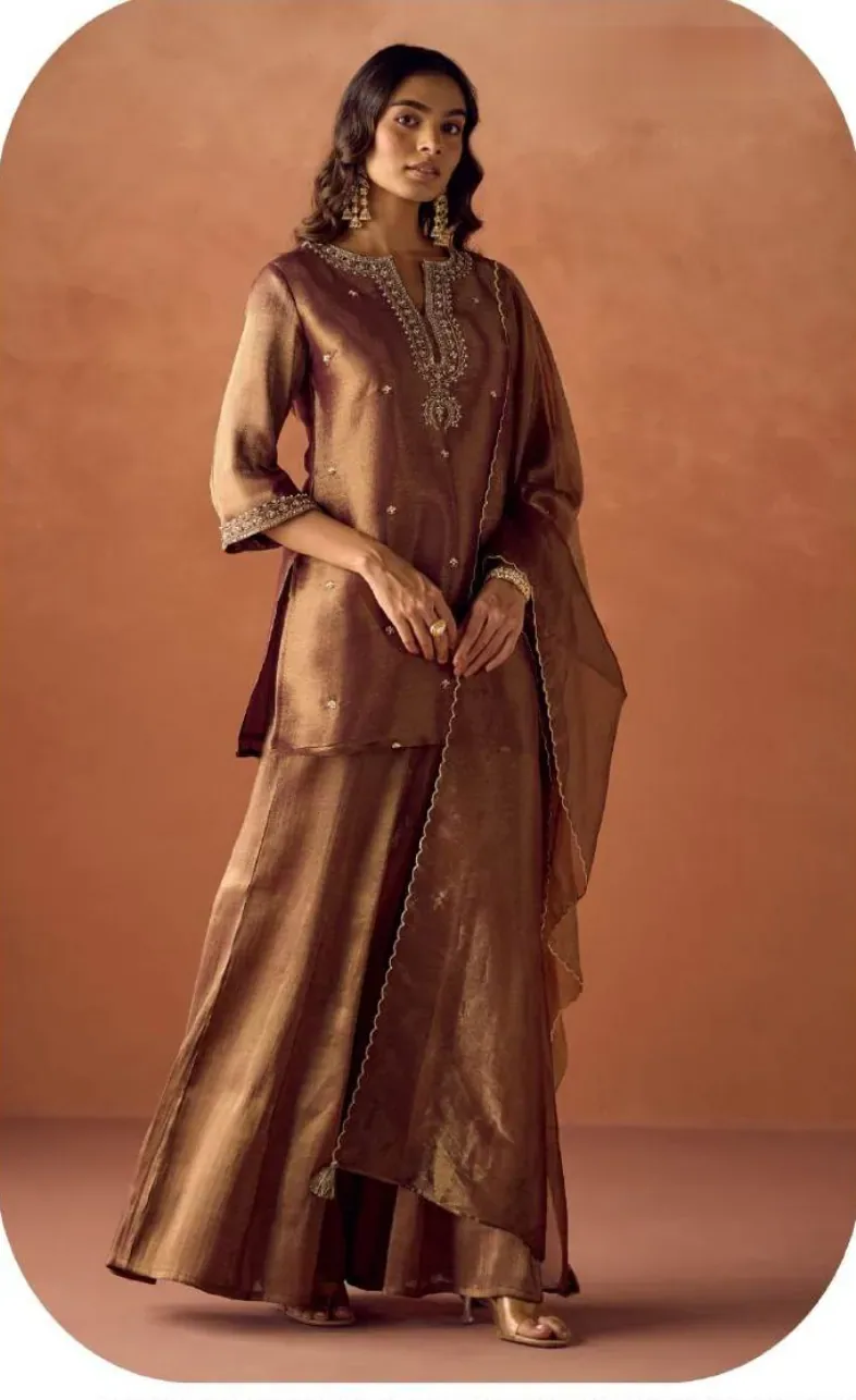Bronze Brown Tissue Blend Kurta Palazzo Set with Dupatta