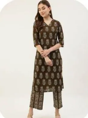 Brown Block Print Cotton Kurti Pant Set