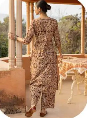 Brown Floral Print Cotton Kurti Pant Set