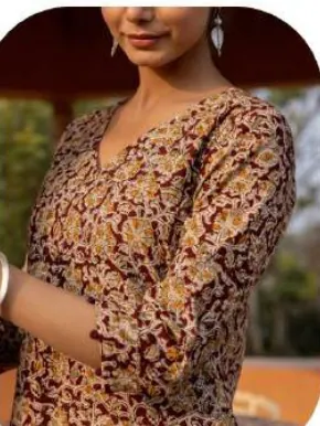 Brown Floral Print Cotton Kurti Pant Set