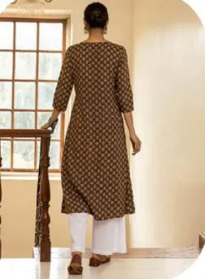 Brown Printed Straight Cotton Kurti