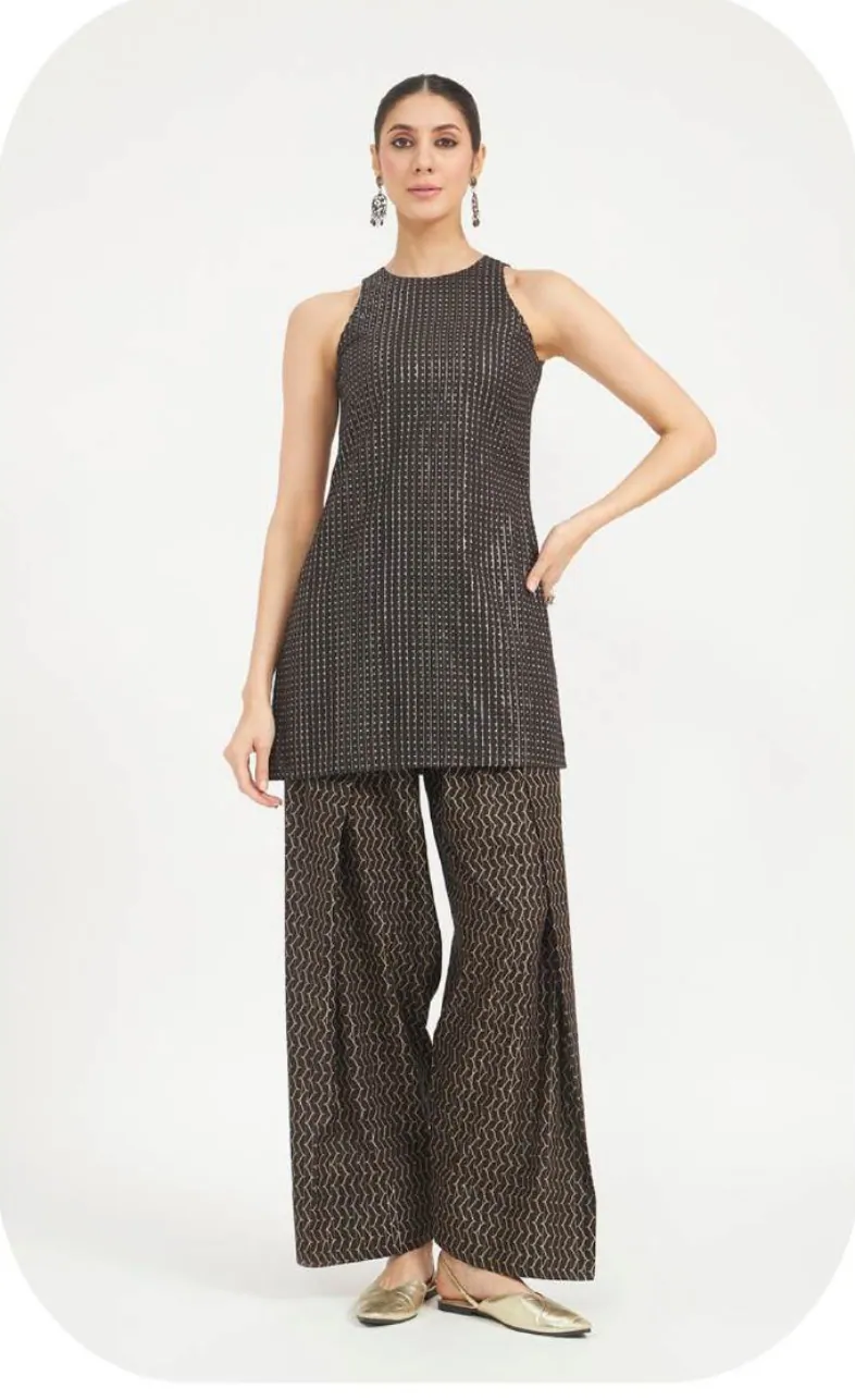 Charcoal Halter Cotton Kurti & Farsi Salwar Set
