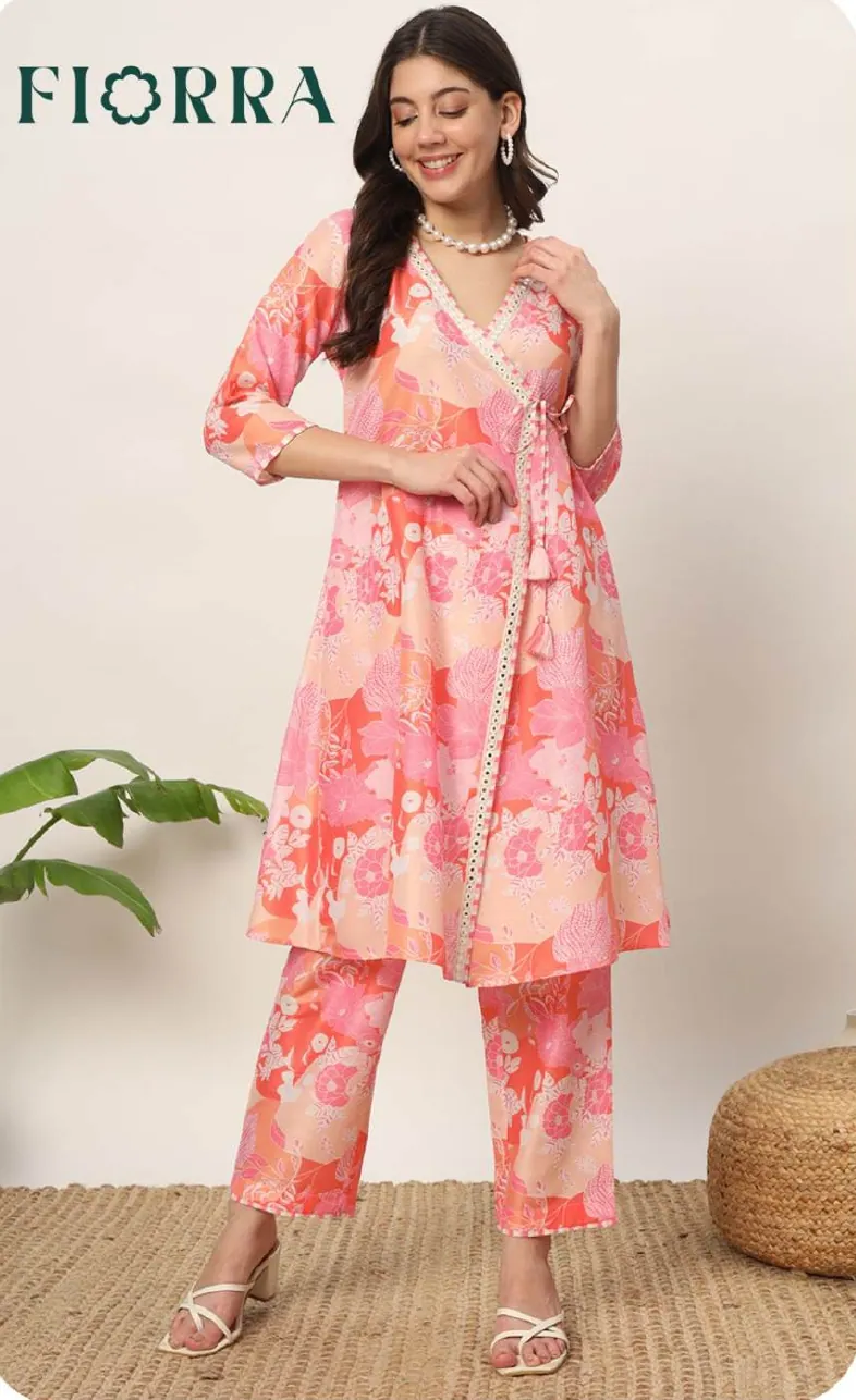 Coral Pink Print Cotton Blend Kurti Pant Set