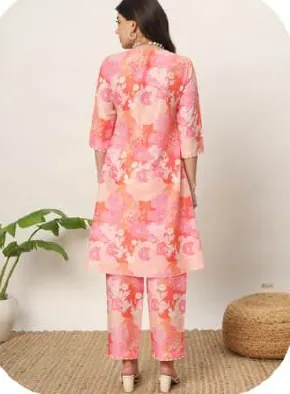 Coral Pink Print Cotton Blend Kurti Pant Set