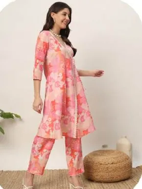 Coral Pink Print Cotton Blend Kurti Pant Set