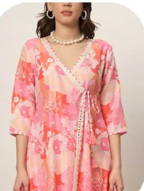 Coral Pink Print Cotton Blend Kurti Pant Set