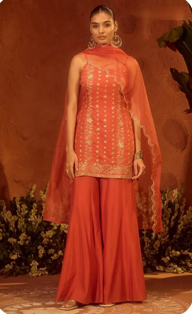Coral Red Embroidered Short Viscose Chanderi Kurta Set with Dupatta