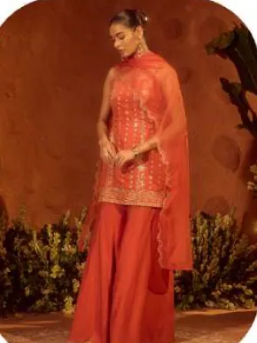 Coral Red Embroidered Short Viscose Chanderi Kurta Set with Dupatta
