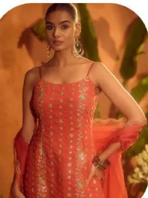Coral Red Embroidered Short Viscose Chanderi Kurta Set with Dupatta