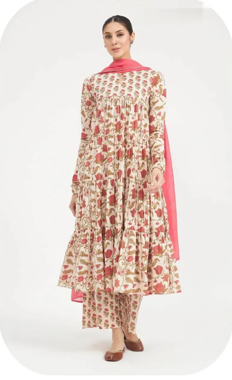 Cream Floral Print Anarkali Cotton Kurta Palazzo Set with Dupatta