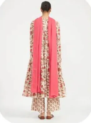 Cream Floral Print Anarkali Cotton Kurta Palazzo Set with Dupatta