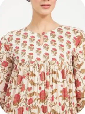 Cream Floral Print Anarkali Cotton Kurta Palazzo Set with Dupatta