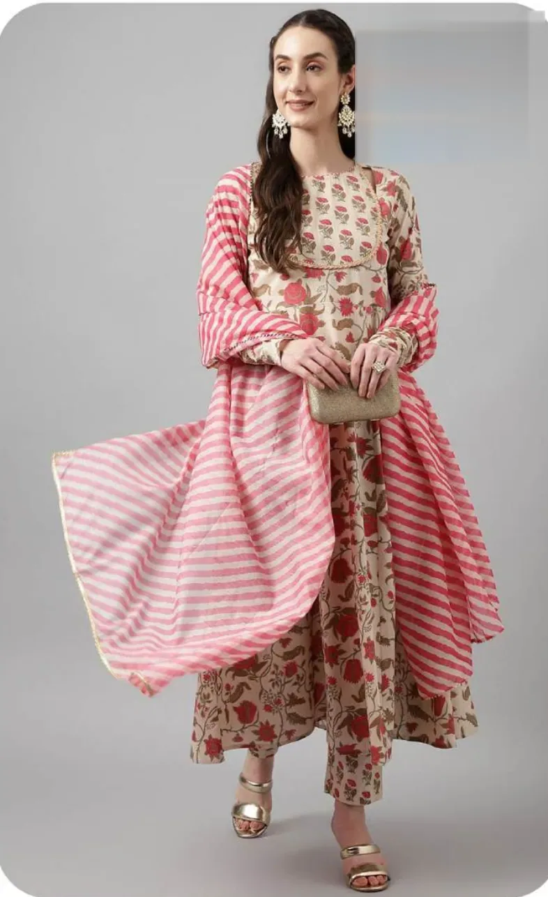Cream Floral Print Cotton Kurta Set with Dupatta