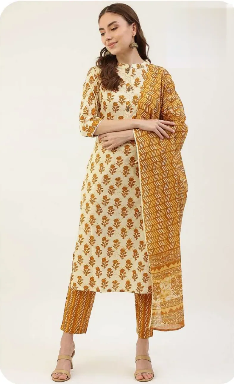 Cream Mustard Print Cotton Kurta Set with Dupatta