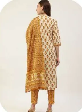 Cream Mustard Print Cotton Kurta Set with Dupatta
