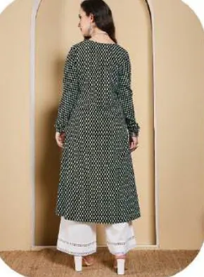 Dark Green Printed A-Line Cotton Kurti