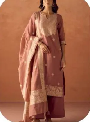 Dusty Rose Cotton Blend Jacquard Kurta Palazzo Set with Dupatta