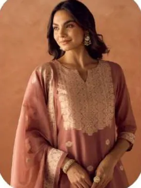 Dusty Rose Cotton Blend Jacquard Kurta Palazzo Set with Dupatta