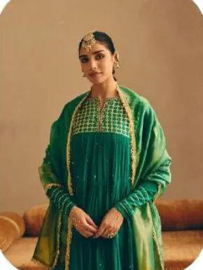 Emerald Green Anarkali Mal Chanderi Kurta Palazzo Set with Dupatta