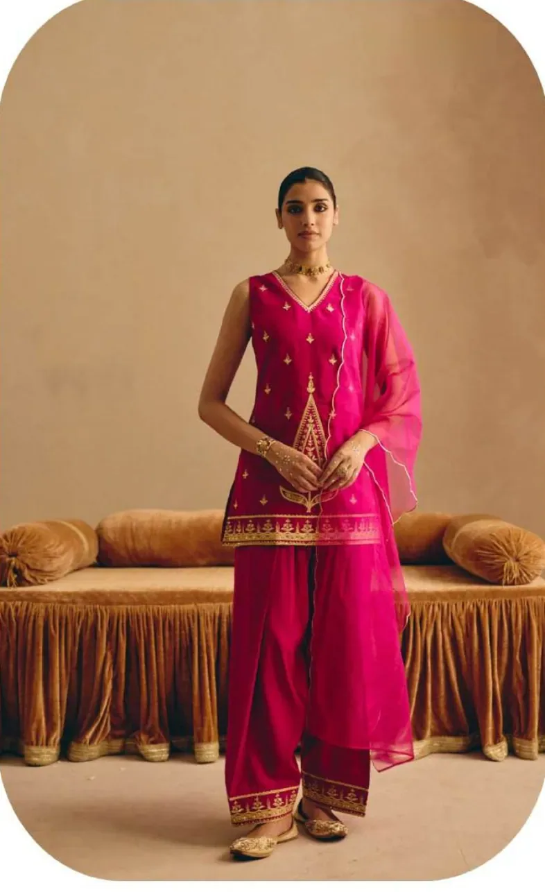 Fuchsia Pink Embroidered Viscose Chanderi Kurta Palazzo Set with Dupatta