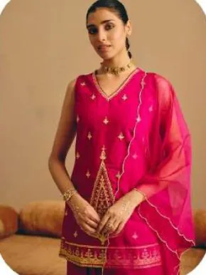 Fuchsia Pink Embroidered Viscose Chanderi Kurta Palazzo Set with Dupatta