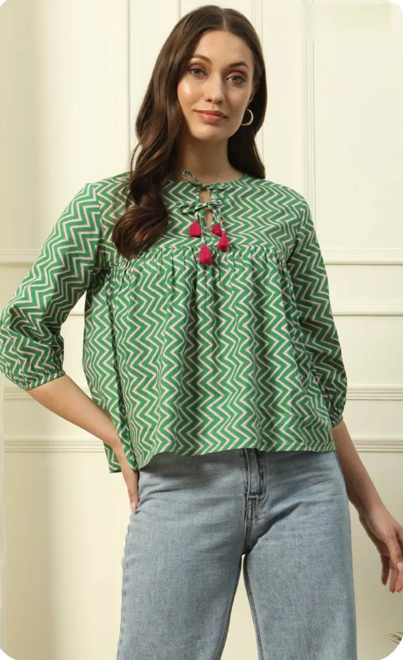 Green Check Embroidered Cotton Crop Top
