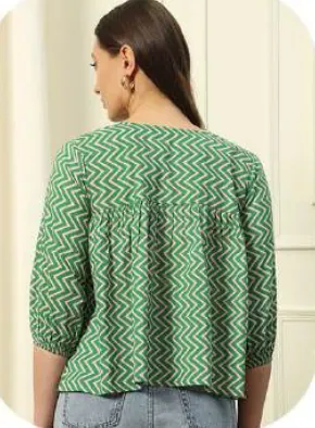 Green Check Embroidered Cotton Crop Top