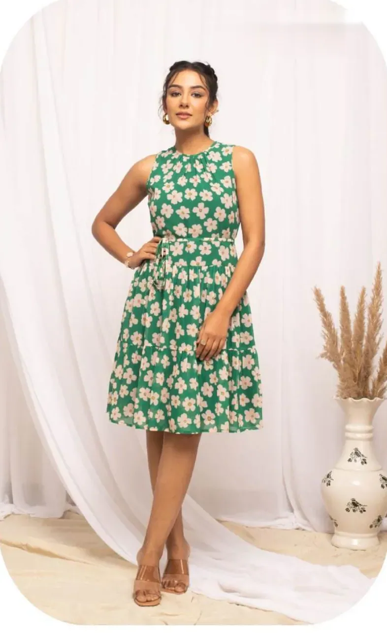 Green Floral Print Sleeveless Georgette Dress