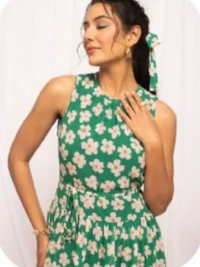 Green Floral Print Sleeveless Georgette Dress