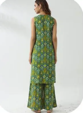 Green Print Sleeveless Cotton Kurti Pant Set