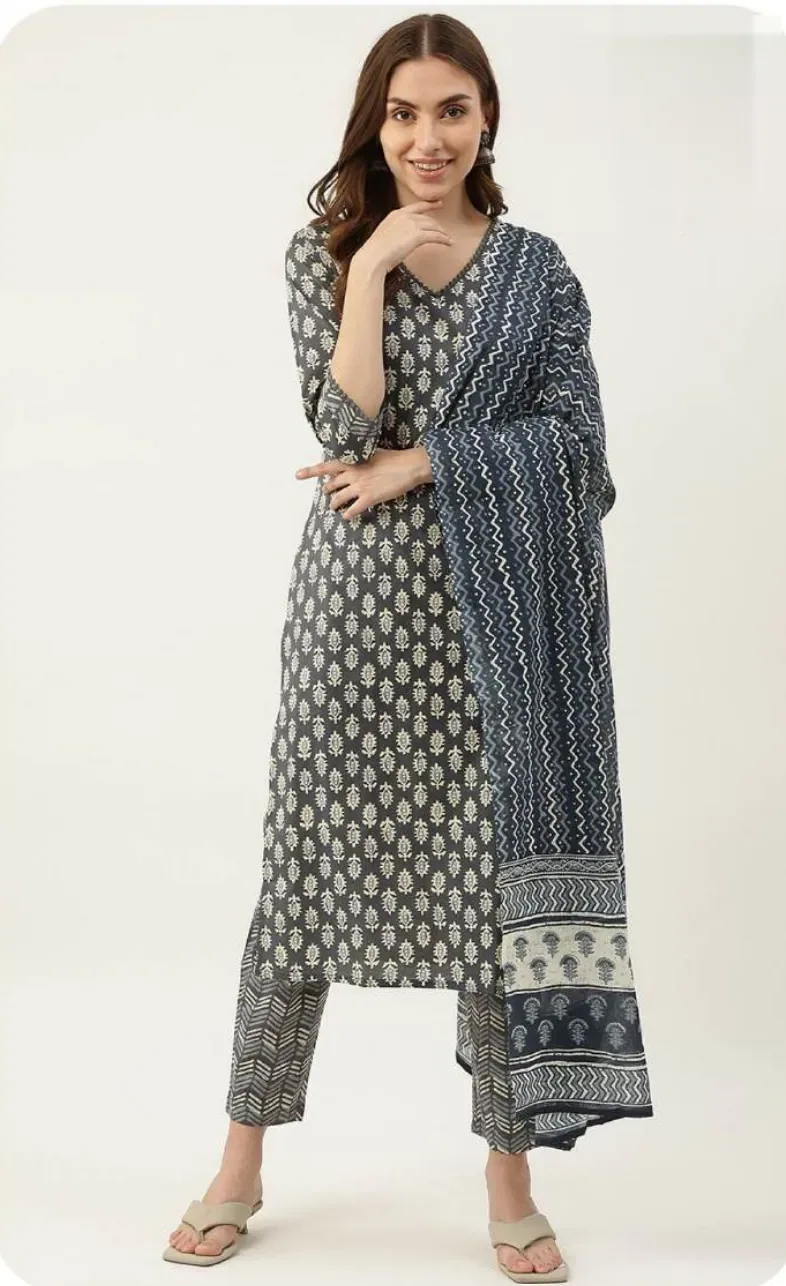 Grey Block Print Cotton Kurta Set with Dupatta