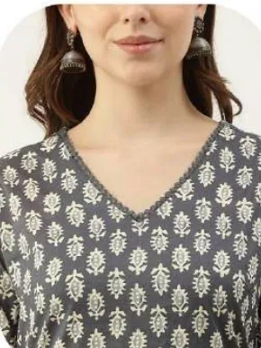 Grey Block Print Cotton Kurta Set with Dupatta