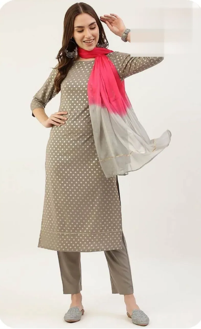Grey Print Poly Crepe Kurta Set with Dupatta