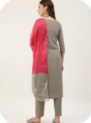 Grey Print Poly Crepe Kurta Set with Dupatta