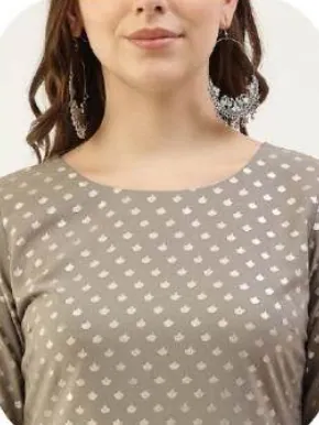 Grey Print Poly Crepe Kurta Set with Dupatta