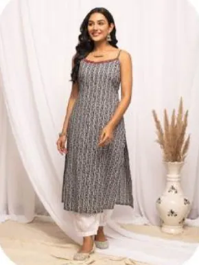 Grey Striped Print Sleeveless Cotton Kurti