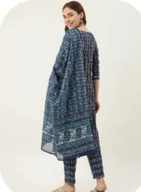 Indigo Blue Block Print Cotton Kurta Set with Dupatta