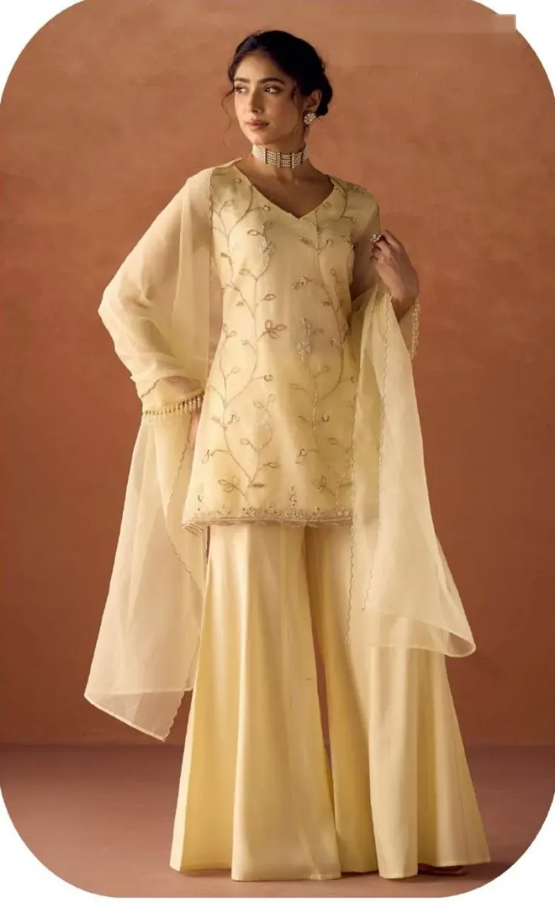 Ivory Lemon Crush Organza Kurta Sharara Set with Dupatta