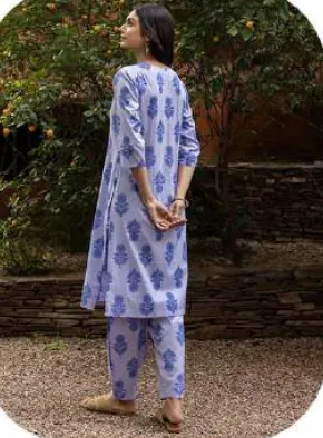 Lavender Blue Block Print Cotton Kurti Pant Set
